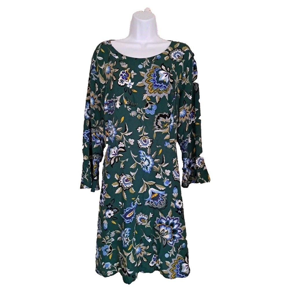 Old Navy Dress Size 16 Green Floral 100% Rayon Swing Shift Bell Sleeves Back Tie